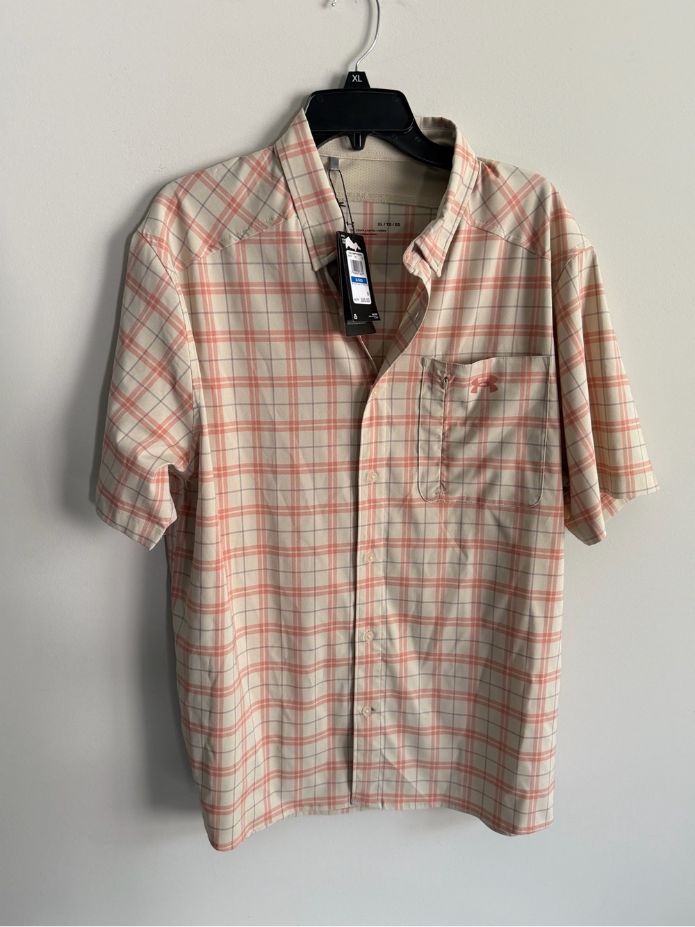 Under Armour Men’s Short Sleeve Plaid Button-Up Shirt - Cream /Peach